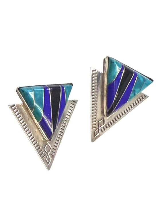 Jewelry - Sterling Inlay Triangle Earrings Lapis Turquoise SW